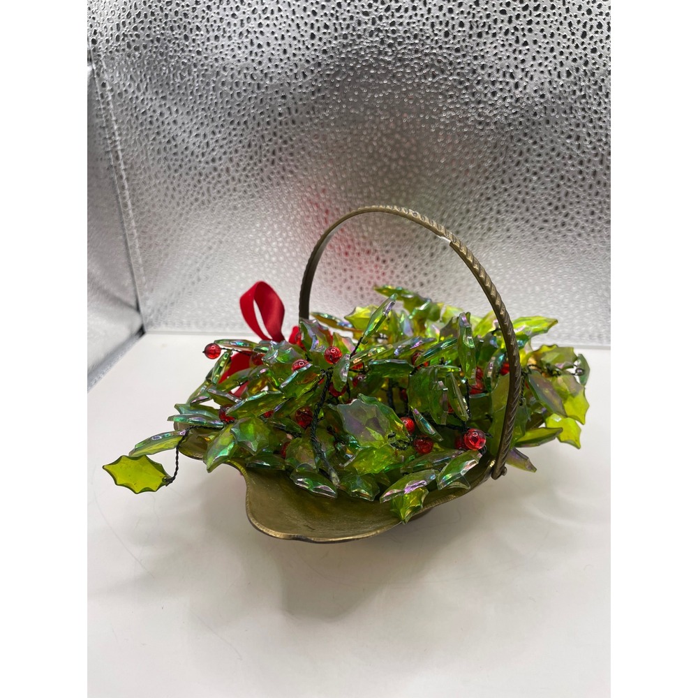 Brass Holly Berry Basket Christmas Holiday Decor Red Velvet Bow Handmade‎ India